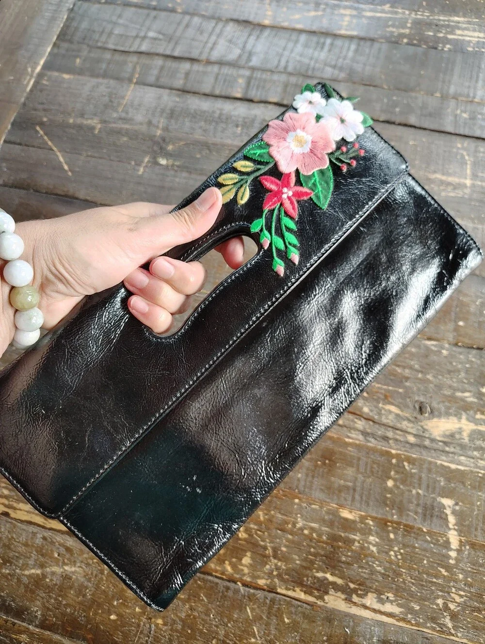 Vintage HOBO International Black Patent Leather Floral Embroidered Clutch Bag